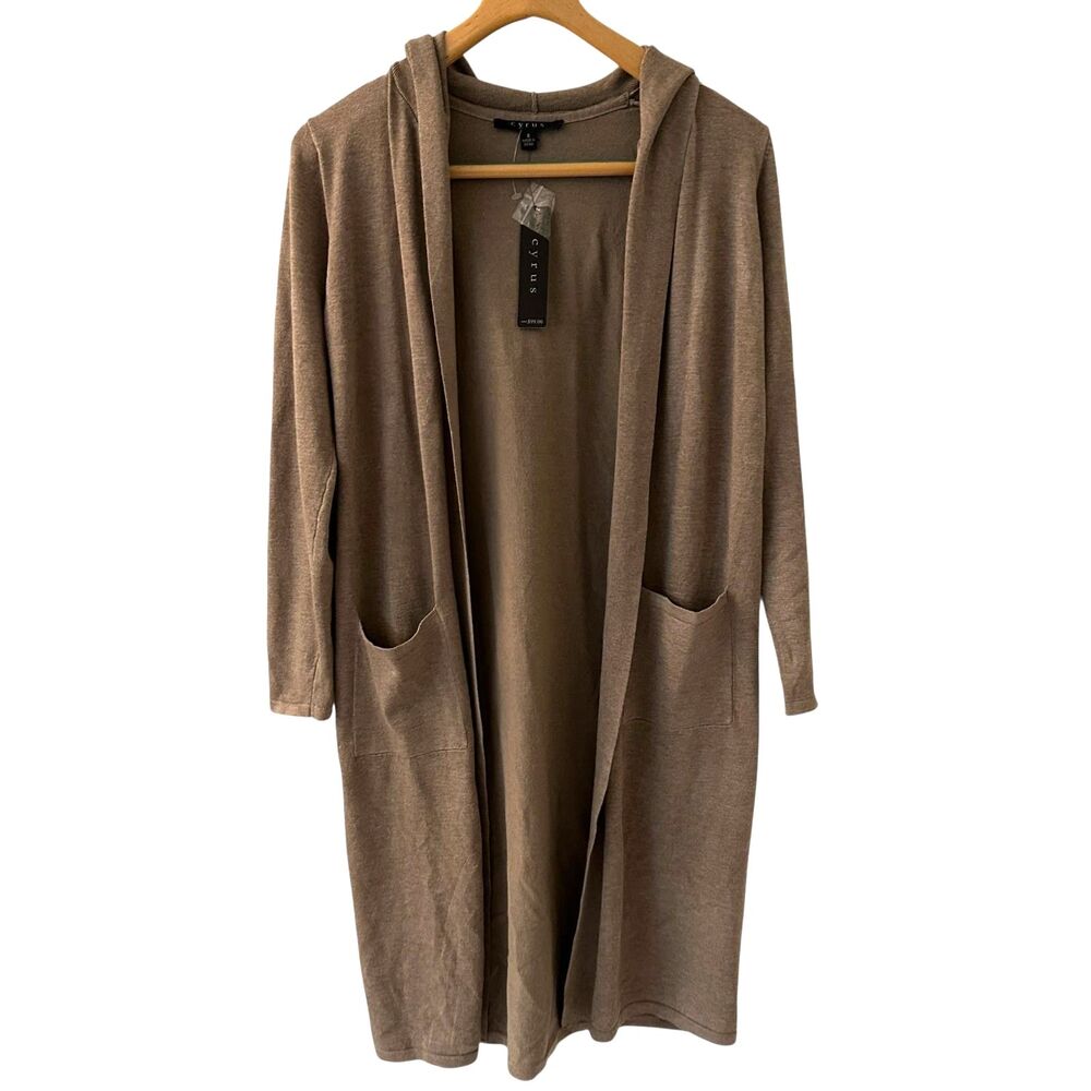 Cyrus Oatmeal Brown Long Hooded Rayon Open Cardigan Duster Size S NWT